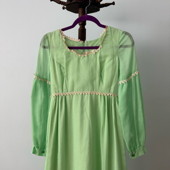 🌿 Vintage 60s Green Prairie Maxi Dress Lace Trim Boho Romantic XS/S 🌿 - Picture 3 of 16